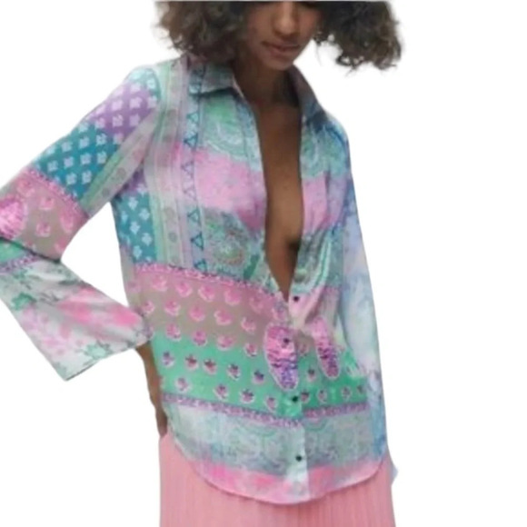 Zara NEW Patchwork Print Long Sleeve Shirt Size M - Picture 1 of 11